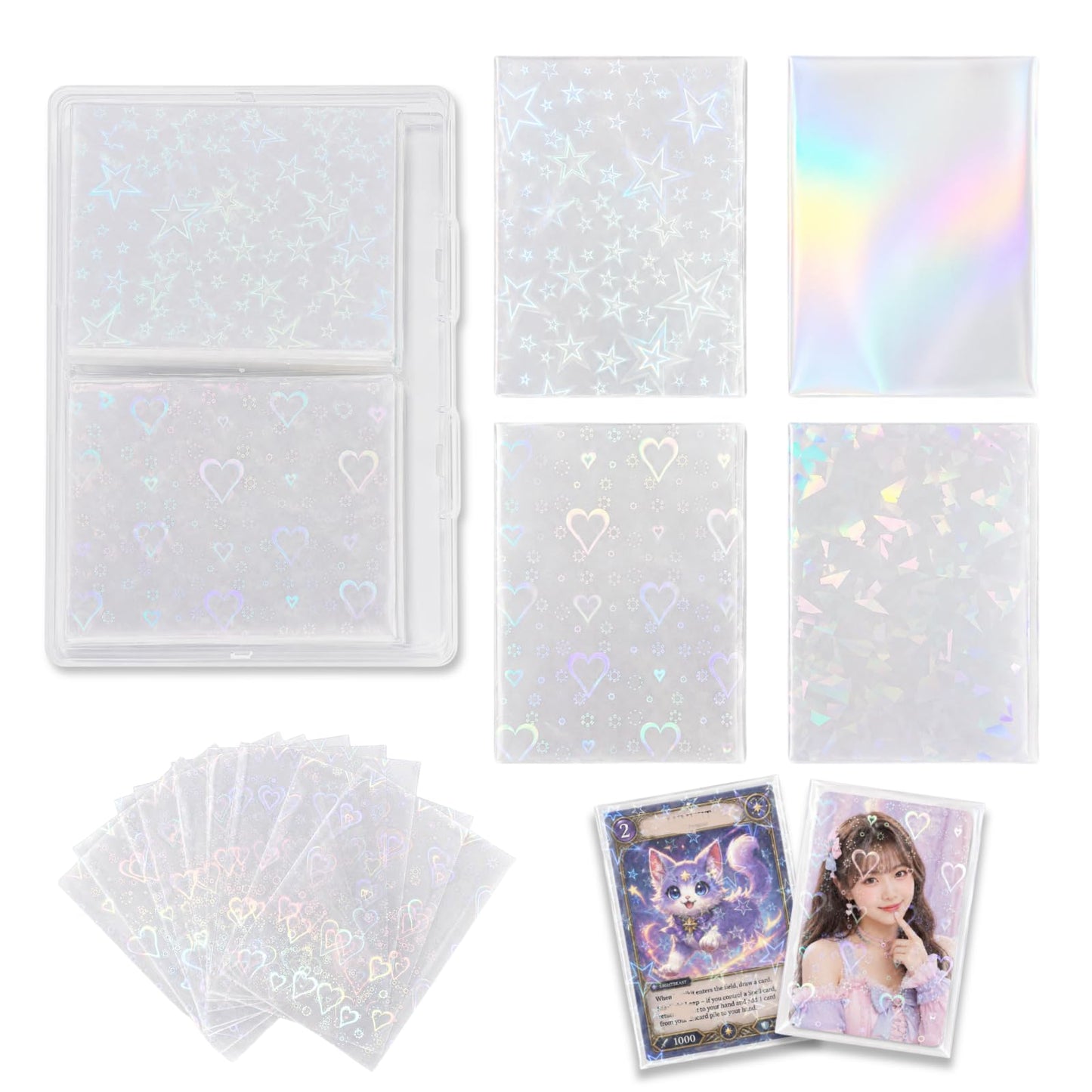 Kevvnza 200 Pcs Holographic Card Sleeves 65x91mm, Clear Kpop Photocard Sleeves, Laser Flashing Trading Card Protectors for Photo Cards, TCG, Sports