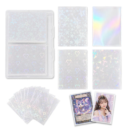 Kevvnza 200 Pcs Holographic Card Sleeves 65x91mm, Clear Kpop Photocard Sleeves, Laser Flashing Trading Card Protectors for Photo Cards, TCG, Sports