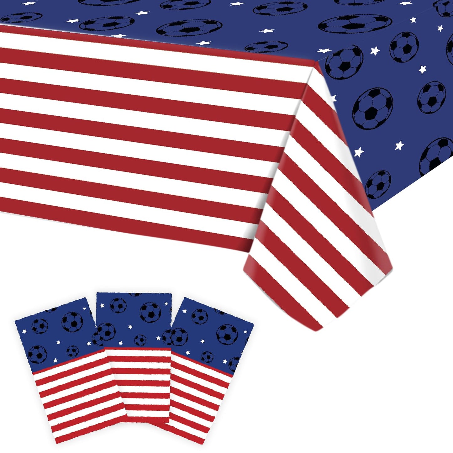 Bzhouyy Soccer Party Tablecloth 3 Pack, 54 x 108 Inch American Flag Themed Disposable Plastic Table Covers, Waterproof Spill Proof Tablecloths