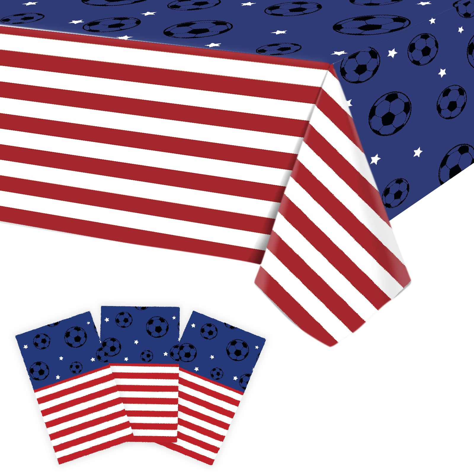 Bzhouyy Soccer Party Tablecloth 3 Pack, 54 x 108 Inch American Flag Themed Disposable Plastic Table Covers, Waterproof Spill Proof Tablecloths