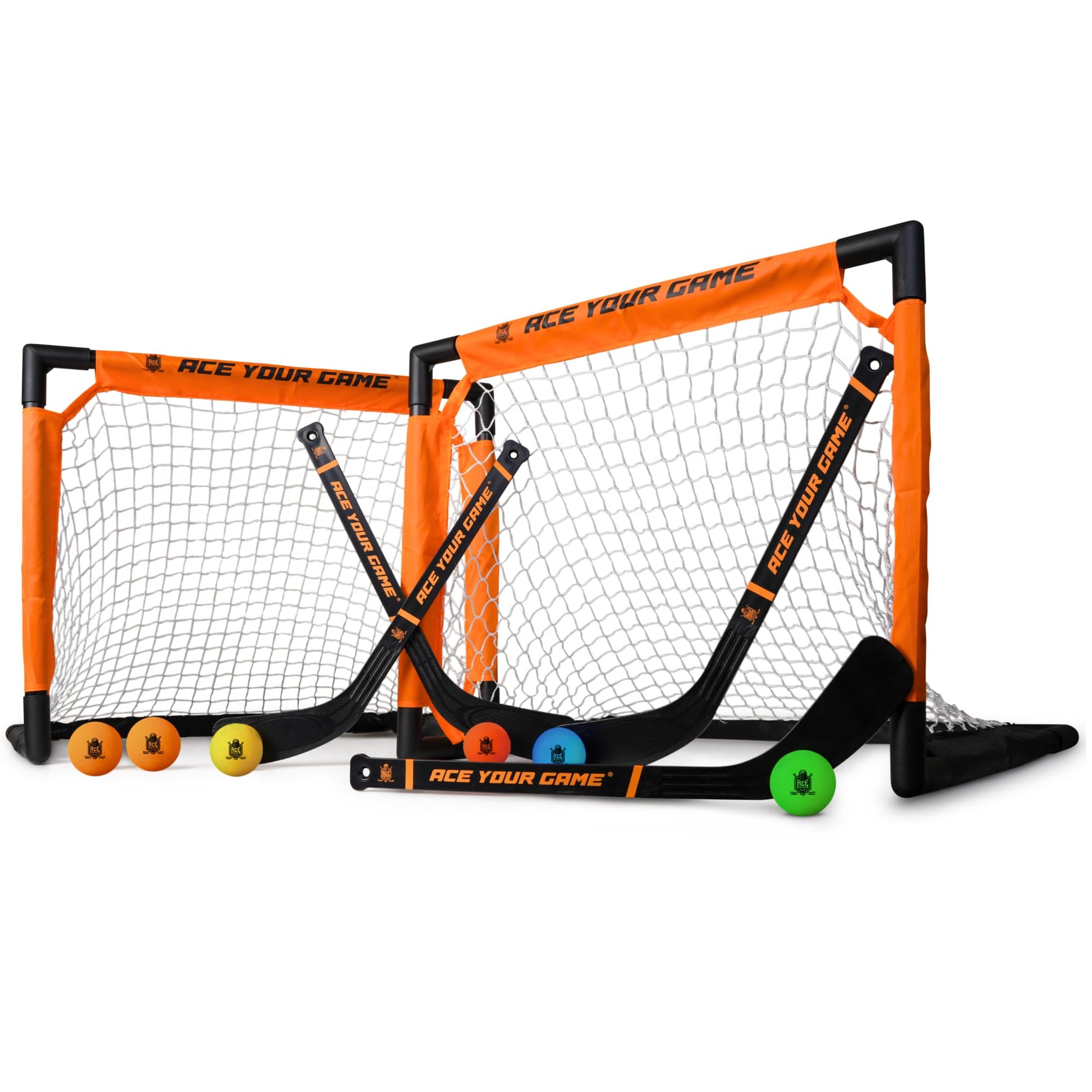 ACE HOCKEY - Shinny Hockey Set - Complete 4-Player Indoor/Outdoor Kit - Knee Hockey Goal Set (2) Goals, (2) Mini Sticks, and (6) Foam Balls - Mini