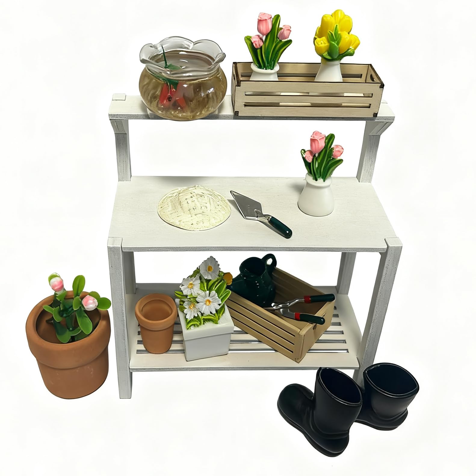 Miniature Scene Building 1:12 Scale Garden Potting Bench Set with Tools, Flowers, Pots and Fish Bowl (Potting Bench)