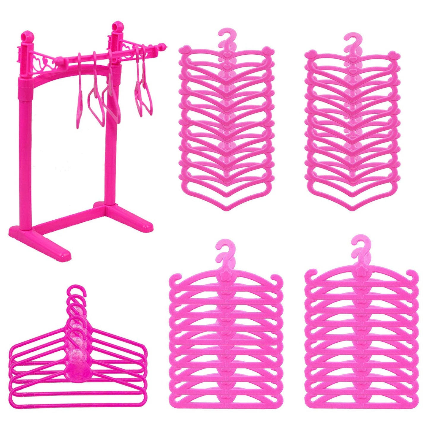 55PCS Barbie Doll Hangers with Display Rack - Mini Clothes Hangers for 11.5 & 12 Inch Dolls, Plastic Organizer Storage for Doll Dresses Outfits (Pink)