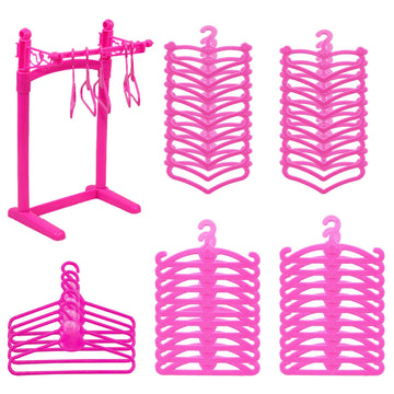 55PCS Barbie Doll Hangers with Display Rack - Mini Clothes Hangers for 11.5 & 12 Inch Dolls, Plastic Organizer Storage for Doll Dresses Outfits (Pink)