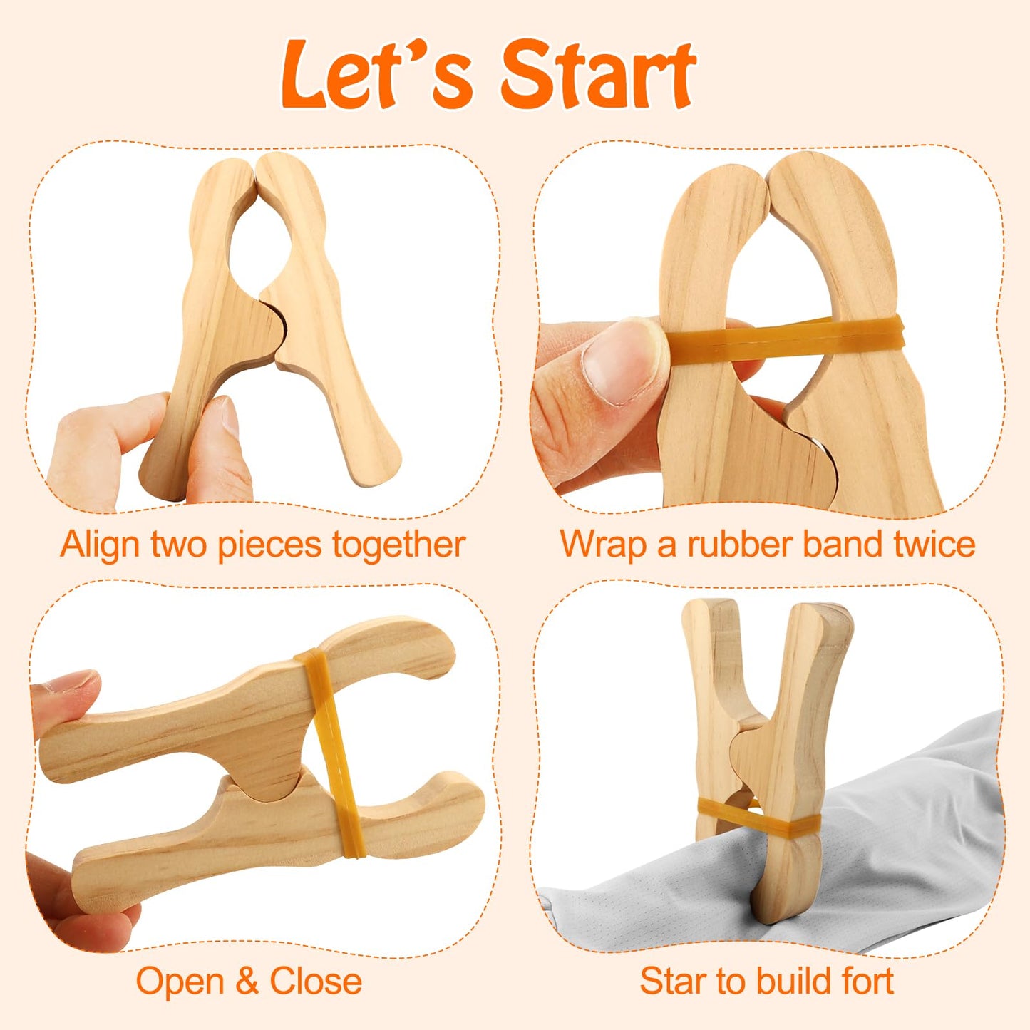 ANJUU 12 Pcs Wooden Play Clips, Montessori and Waldorf Fort Building Kit Silk Clips Giant Wooden Handmade Fort Building for Blankets Silk Construction