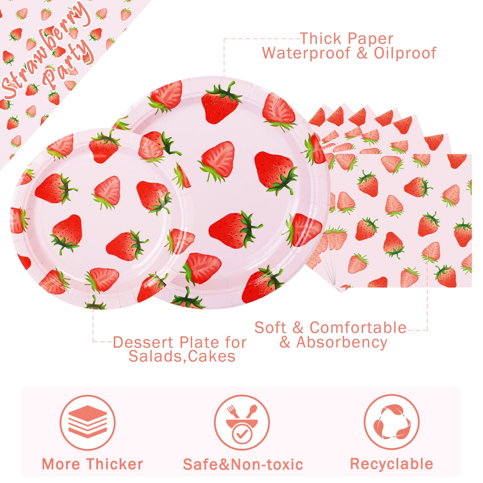 Strawberry Party Tableware Set,Strawberry Birthday Decoration,Summer Fruit Party Supplies Paper Plates Napkins Tablecloth for 25 Guests Great