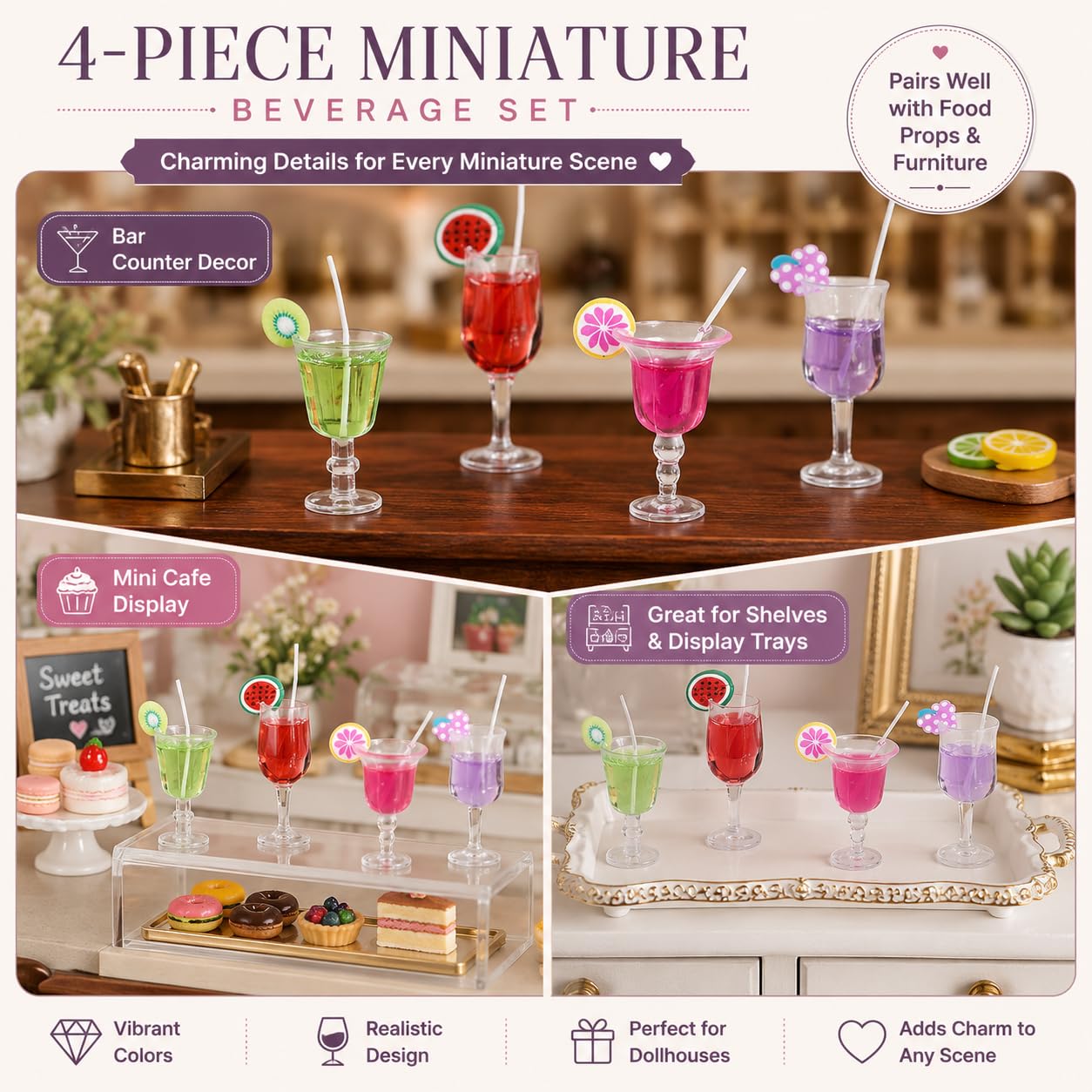 4Pcs Miniature Dollhouse Beverage Set, 1:12 Scale Mini Miniature BottlesResin Wine and Juice Bottles with Cocktail Cups, Mini Food Mini House Drink
