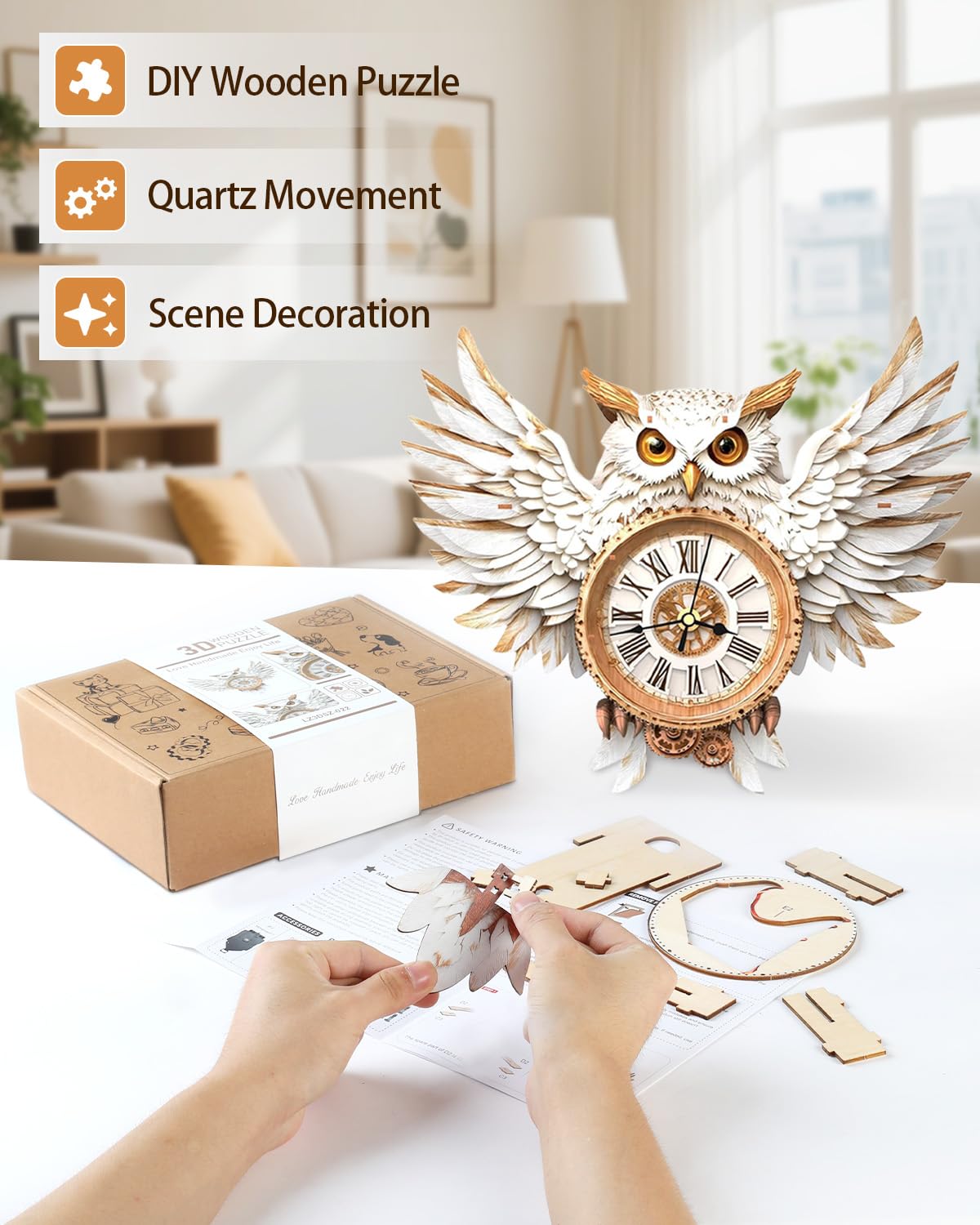 3D Wooden Puzzles for Adults Snowy Owl Design Clock Model Kit with Pendulum