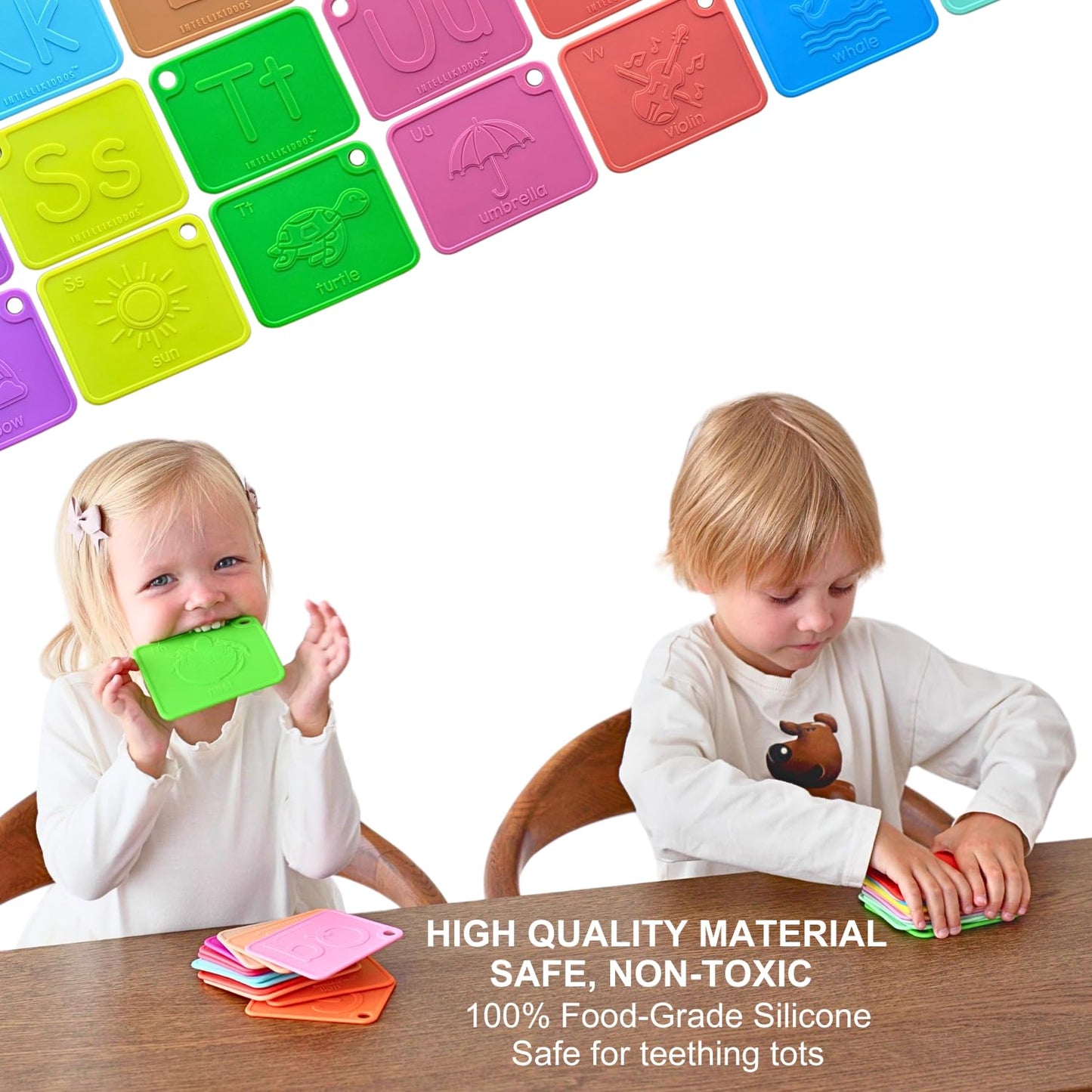 INTELLIKIDDOS SiliABCs Alphabet Flash Cards, Non-Toxic Silicone Alphabet Flash Cards for Toddlers 1-3, Montessori Toddler Preschool Alphabet Learning