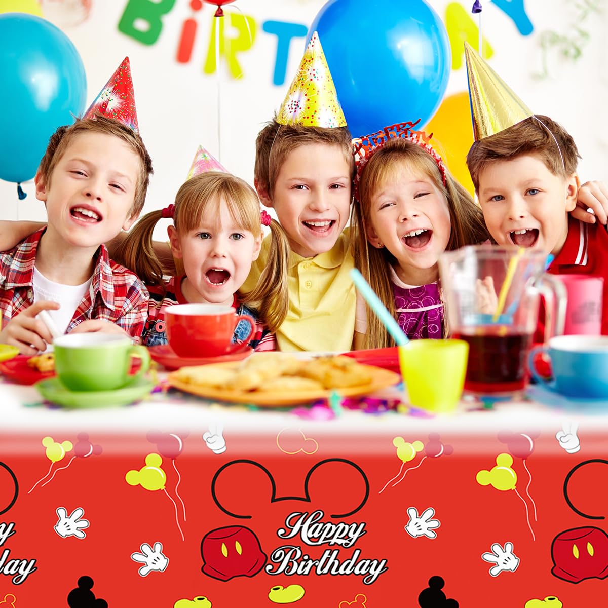 SHONHONG 2pcs Red Cartoon Mouse Party Tablecloth,Red Mouse Theme Birthday Decoration