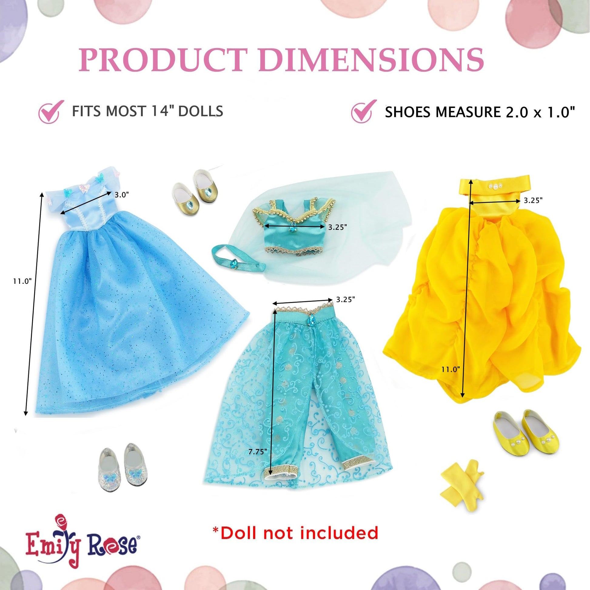 Emily Rose 14 Inch Doll Princess Clothes 9-PC Value Bundle | 3 Complete Outfits with Shoes | Compatible with Glitter Girls and Wellie Wishers Dolls |