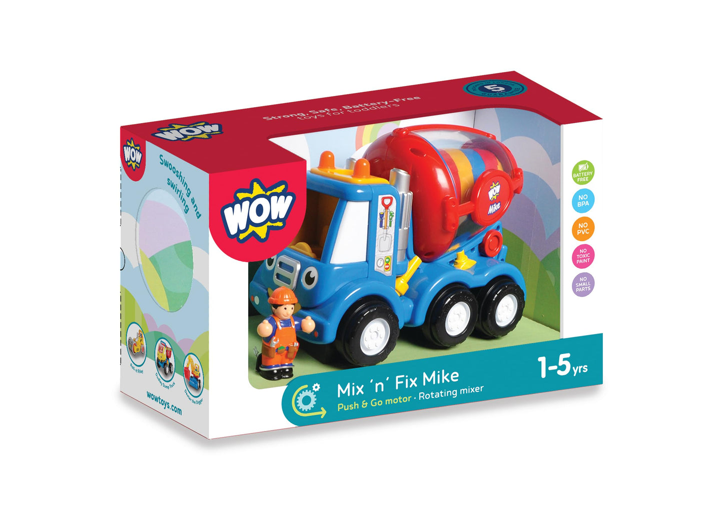 Wow Toys Mix ‘n’ Fix Mike - Construction Cement Mixer Truck with Driver Figure | Friction Powered, No Batteries, Safe Toddler Toy Ages 1-5
