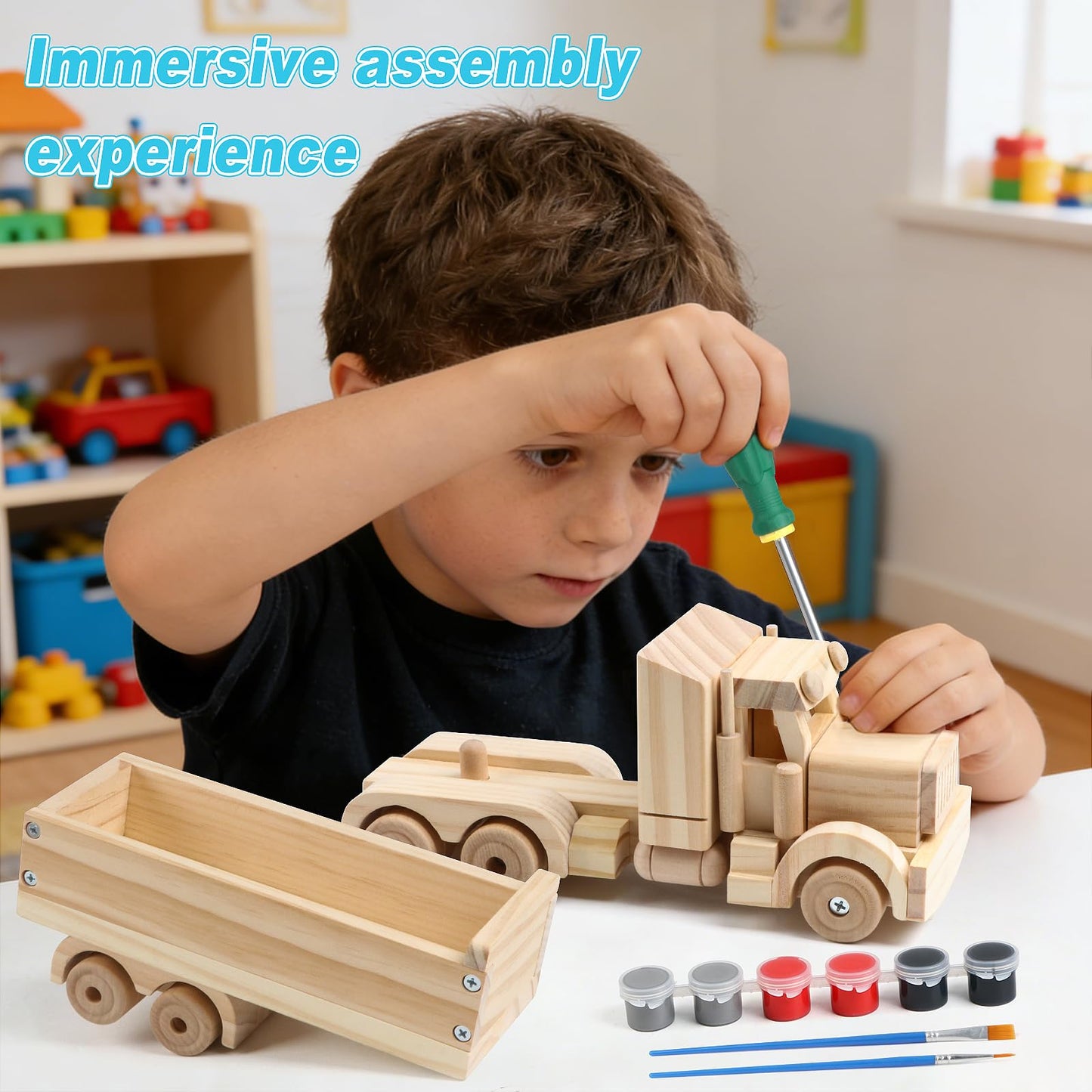 VOMOCNET 3 Pack DIY Wooden Model Building Kit, Includes Fighter Jet, Truck, Race Car, Paint Your Own Arts and Crafts, STEM Toys Birthday Gifts