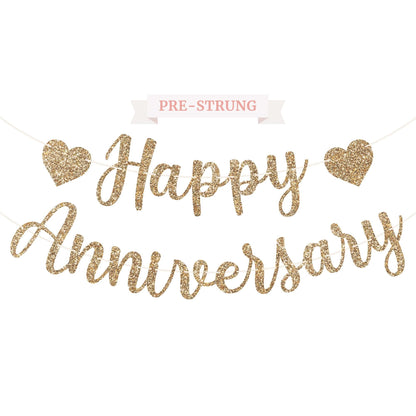 Pre-Strung Happy Anniversary Banner - Gold Glitter Anniversary Banner