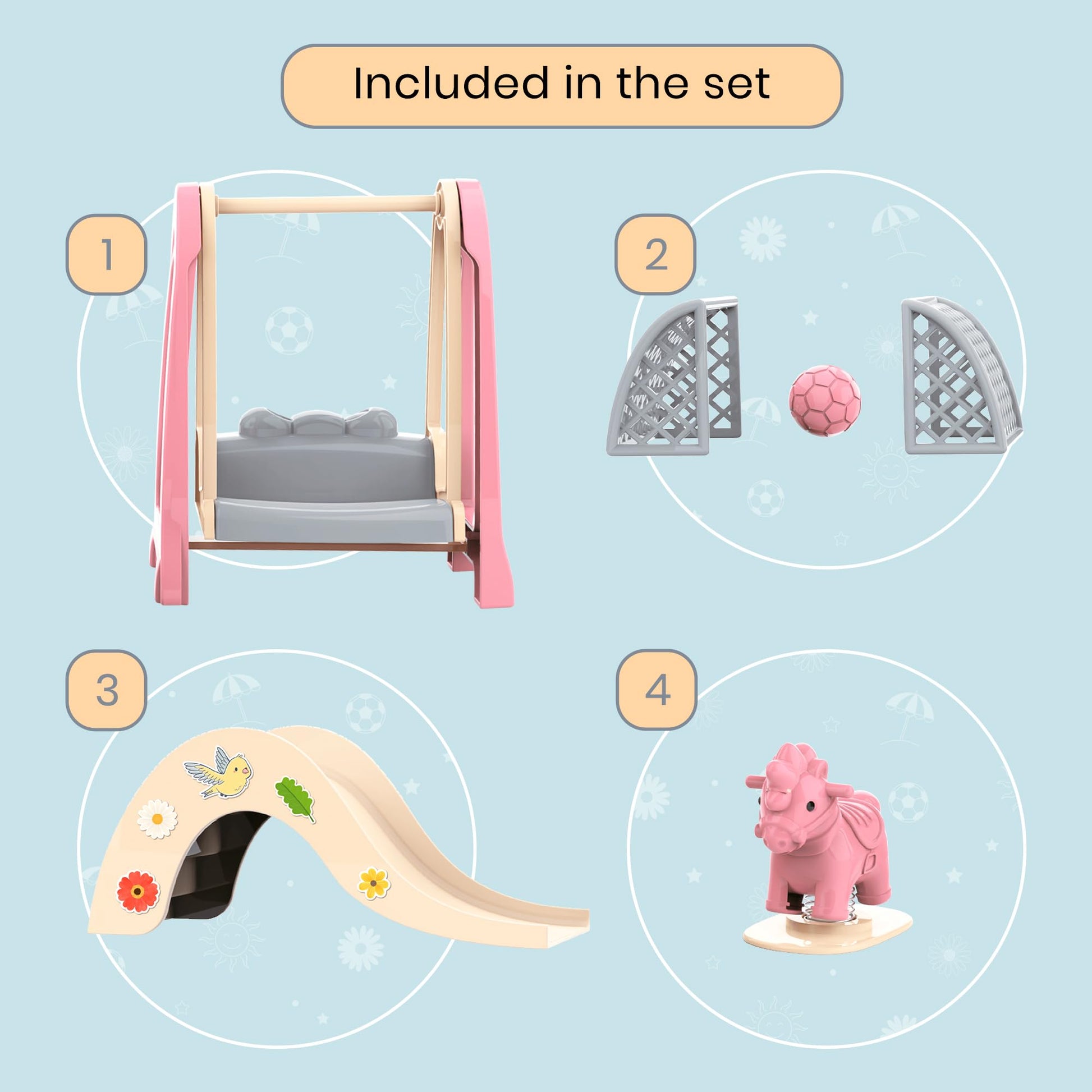 OLEOCA Family Dollhouse Accessories - Mini Playground Set with Swing & Slide, Rocking Horse, Soccer Goals, Screen-Free Add-On - Miniature Dollhouse