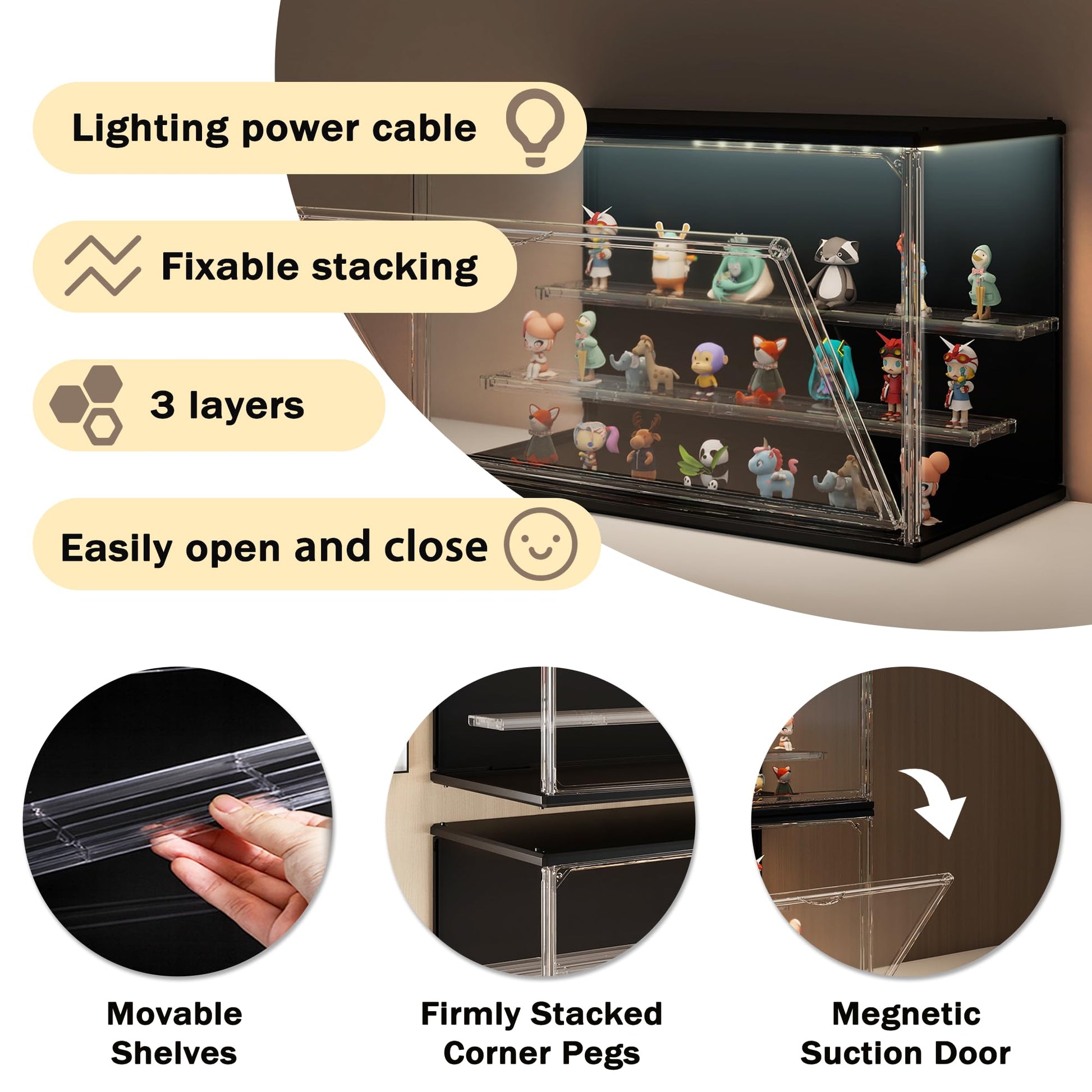 VERSSURE Clear Display Case for Collectibles, 3-Tier Stackable LED Figure Display Case with Magnetic Door, Adjustable Showcase for Models, Miniatures