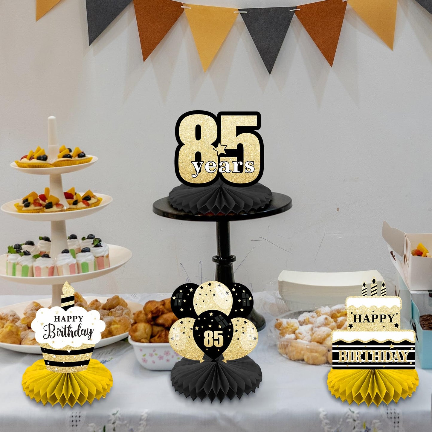 Happy 85th Birthday Honeycomb Centerpieces 8 Pieces Black Gold Theme 85th Birthday Tables Decorations Cheers to 85 Years Centerpieces for Men Girls