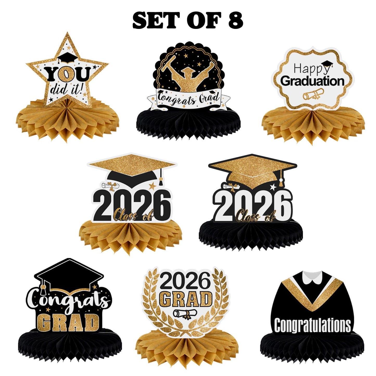 LINGTEER Class of 2026 Graduation Party Decorations - 8Pcs Congrats Grad 2026 School Graduation Table Honeycomb Centerpieces Gift Stand Decorations