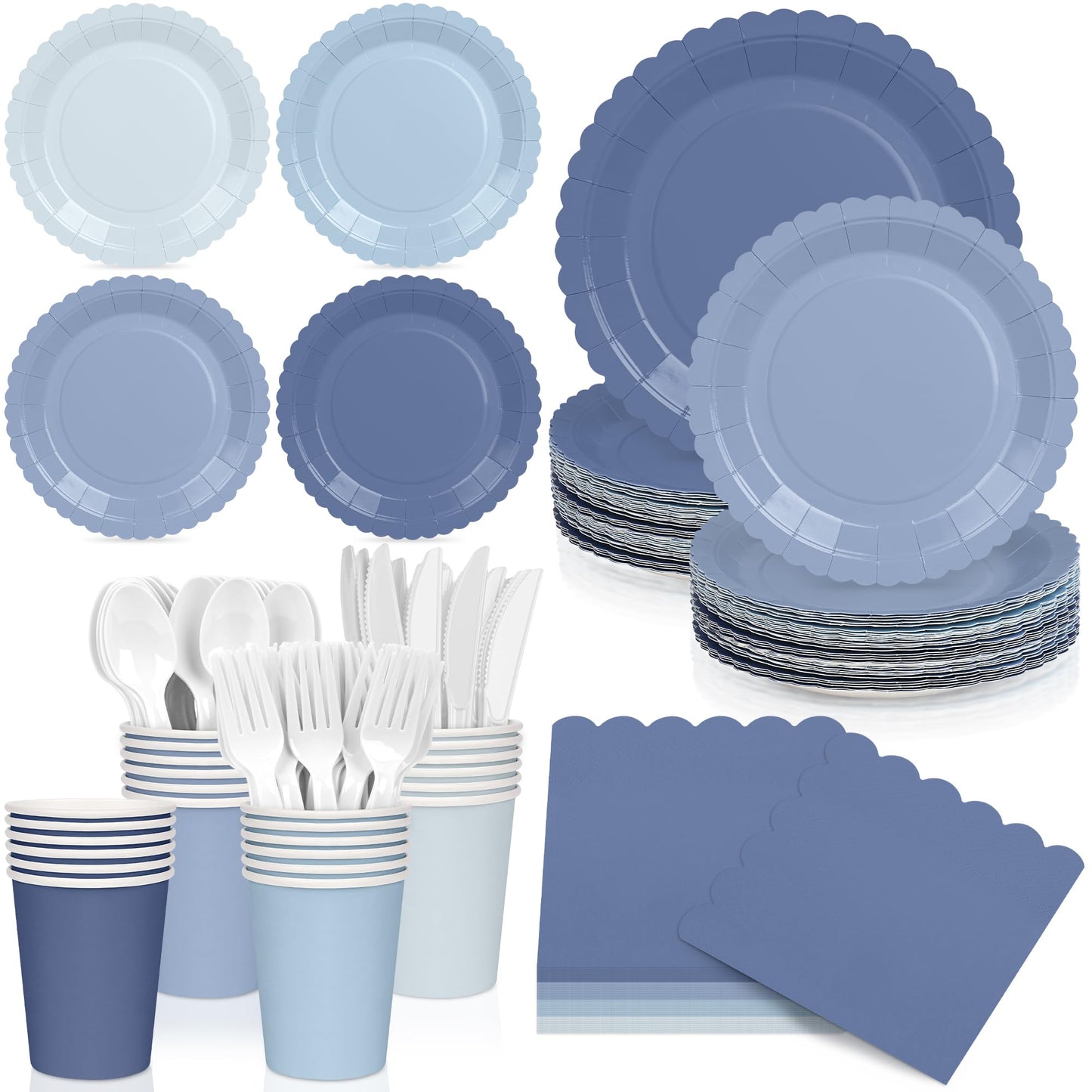 168 Pcs Dusty Blue Paper Plates and Napkins, Baby Blue Paper Plates Party Supplies for 24 Guests Include Gradient Scalloped Plates Paper Napkin Cup