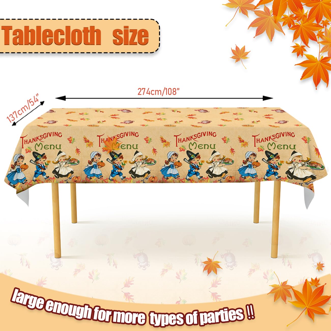 3 PCS Thanksgiving Fall Tablecloth Vintage Autumn Pumpkin Maple Leaves Disposable Plastic Thanksgiving Table Cover for Fall Harvest Party Supplies