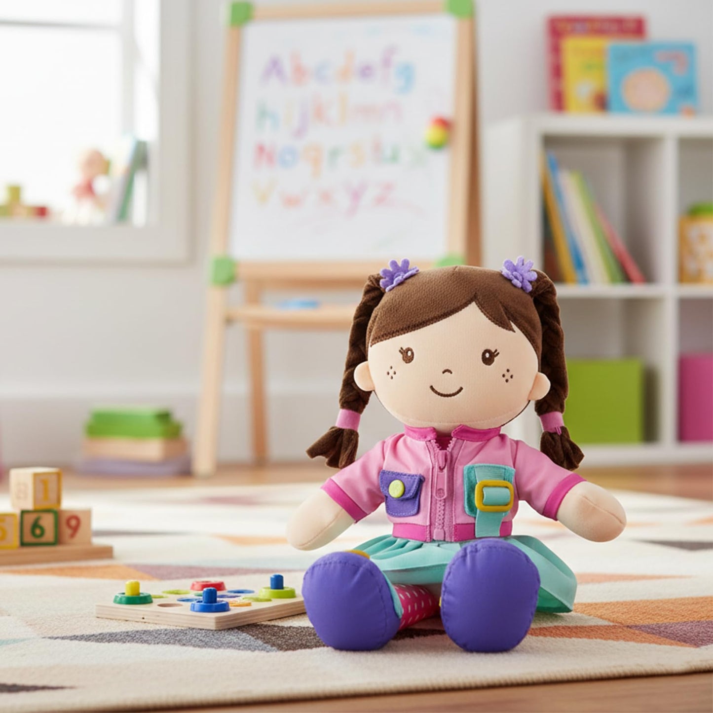 Linzy 15" Learn to Dress Stuffed Doll with Pink Jacket, Educational Montessori Doll for Toddlers, Soft Buckle Toy Gifts for 2 Year Old Girls