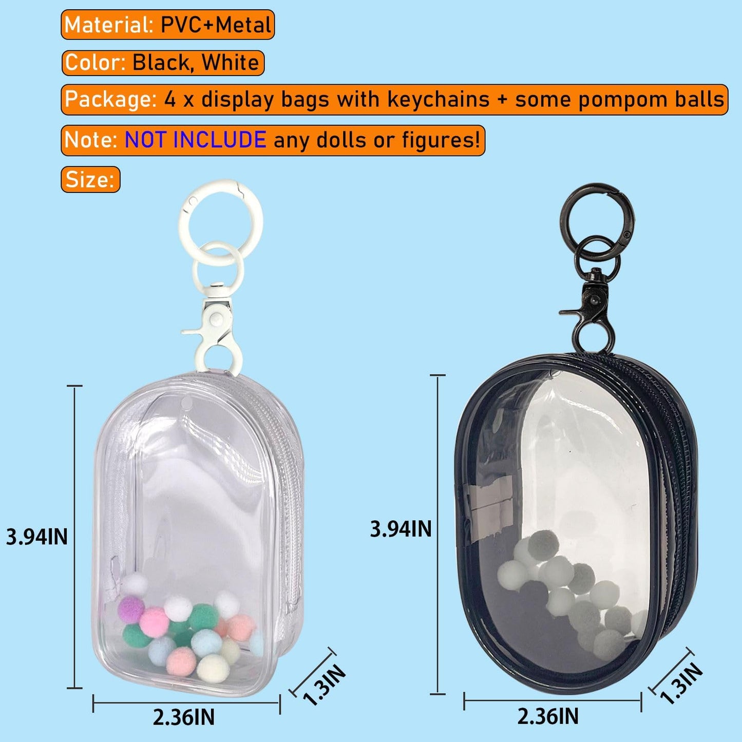 4pcs Clear Figure Display Bag with Keychain Pompom Ball Portable Mini Doll Pouch Carrying Case Blind Box Figures Display Case for Collectibles Zipper