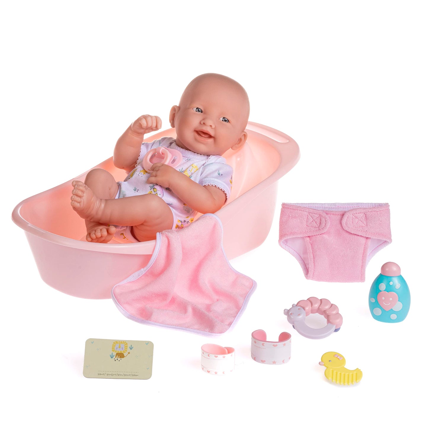 8 piece Layette Deluxe Bathtub Gift Set | JC Toys - La Newborn | 14" Life-Like Smiling Vinyl Newborn Doll w/ Accessories | Pink | Waterproof |Ages 2+