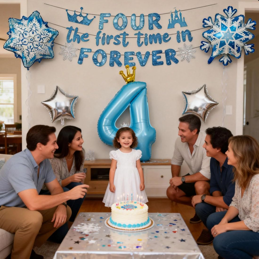 Four the First Time in Forever Banner Foil Balloons 4 year old for 4th Birthday Party Supplies Snowflake Birthday Decors Birthday Party Favors Blue