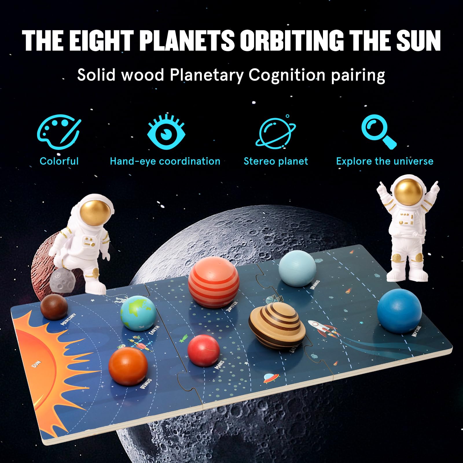Wooden Solar System Model Board?Kids Solar System with Astronauts ?Montessori Planet Toys,Educational Planets Balls,Preschool Learning Puzzle?Space
