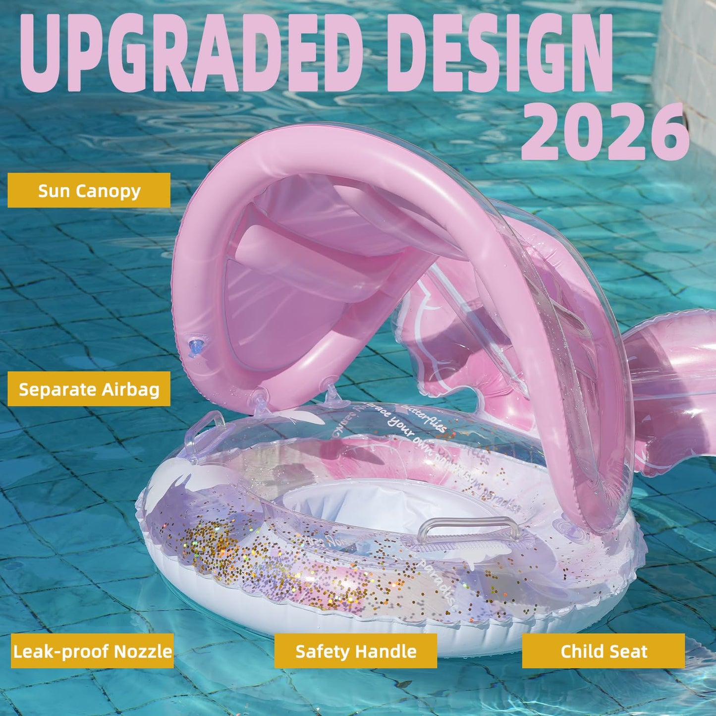Pool Floats Kids, Inflatable Baby Toddler Swim Ring with Gold Glitter Butterfly Back Support, Ages 6+ Months Under 50 lb, Cute Summer Pool Floaties
