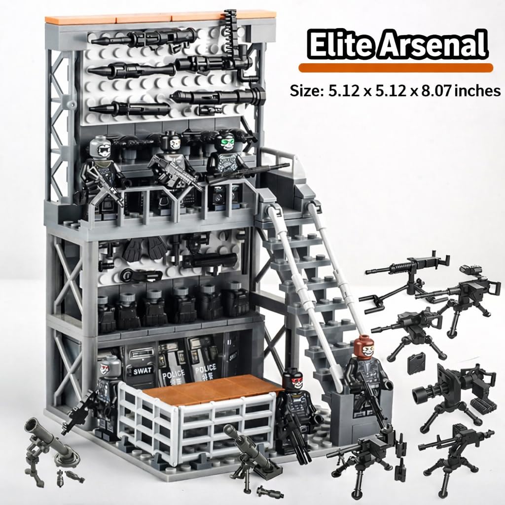 ELEFOCUS WW2 Military Base Building Blocks Set with Army Weapons Pack, SWAT Gear, Miniguns,Witch 6 Soldier Figures