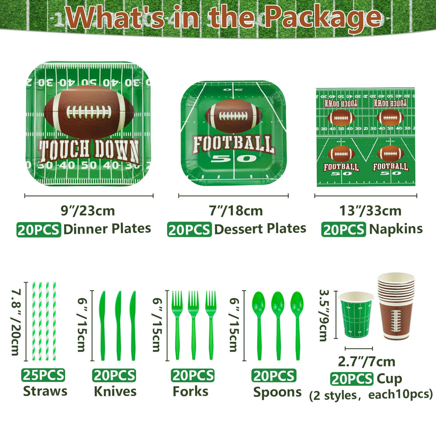 Football Theme Party Supplies - Includes Football Banner, Plates, Napkins, Cup, Tablecloth, Knives, Fork, Spoon and Straws for Boys Sports Theme