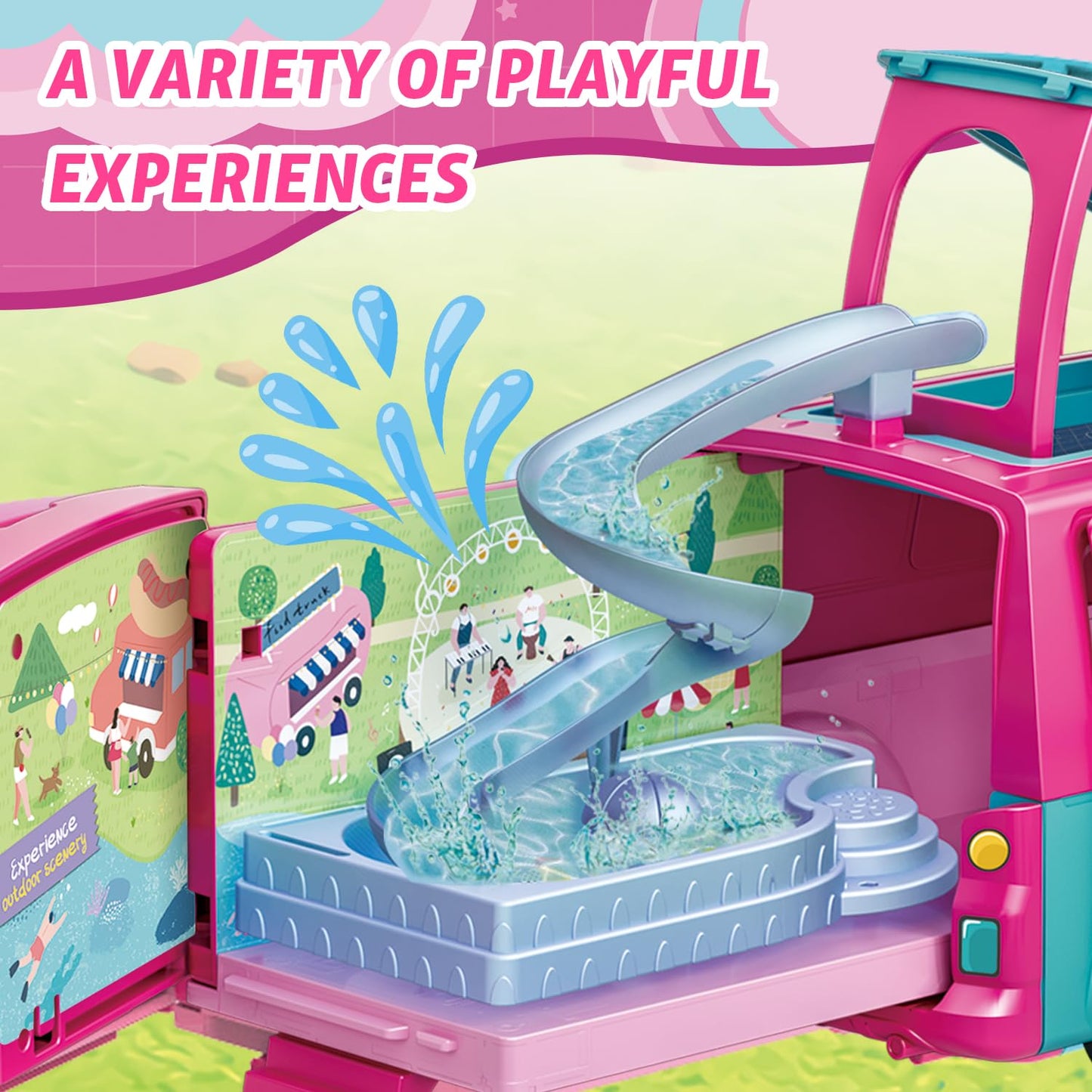 Dollhouse Camping RV Playset for Girls - Kids Camper Van Toy with Slide, Pool, Tent, BBQ Grill & Doll Accessories - Pretend Play Outdoor Adventure Toy
