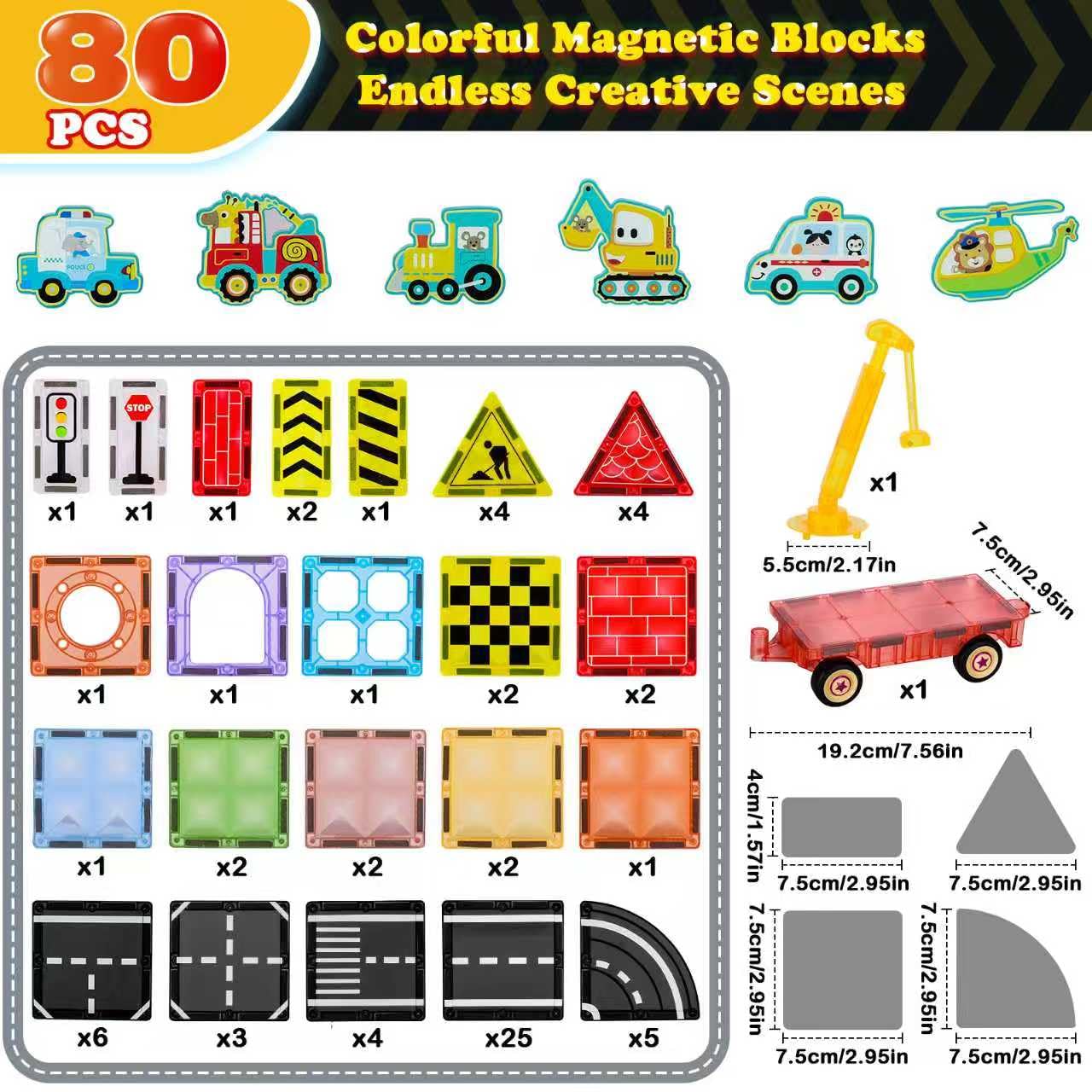 KEPLYKT 80PCS Magnetic Tiles Road Set,2.95" Large Magnetic Tiles with Magnet Car Building Blocks STEM Construction Toys Educational Gifts for Kids