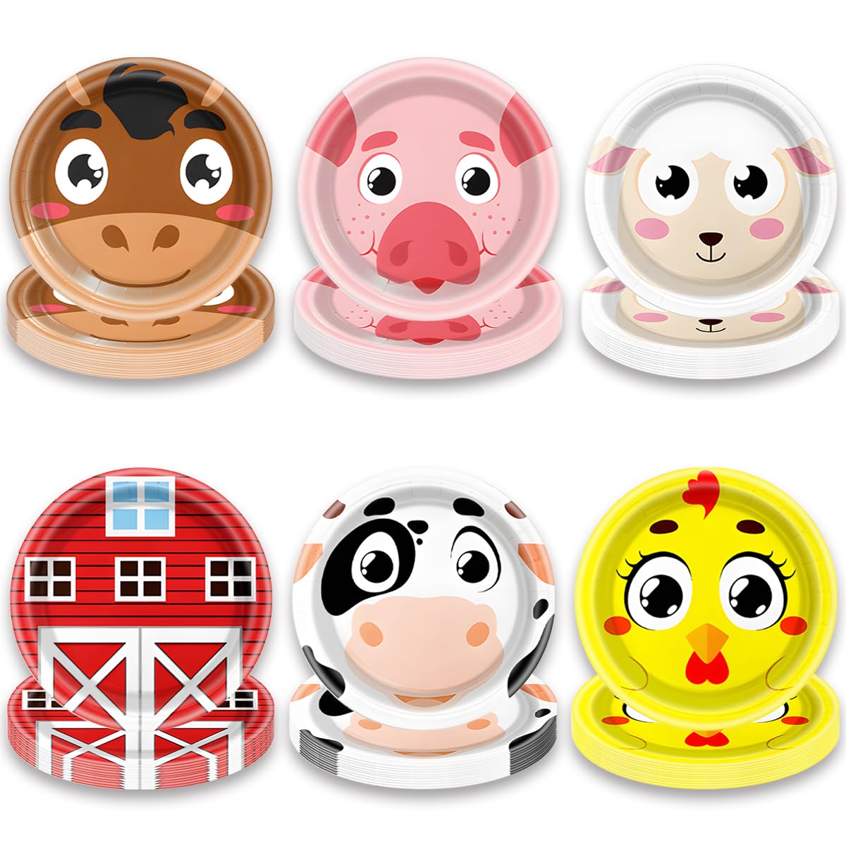 OUSHISS Farm Animal Shaped Disposable Plates, Cock Pig Cow Sheep Barn Farm Shower Birthday Plates Sever 60 Guest