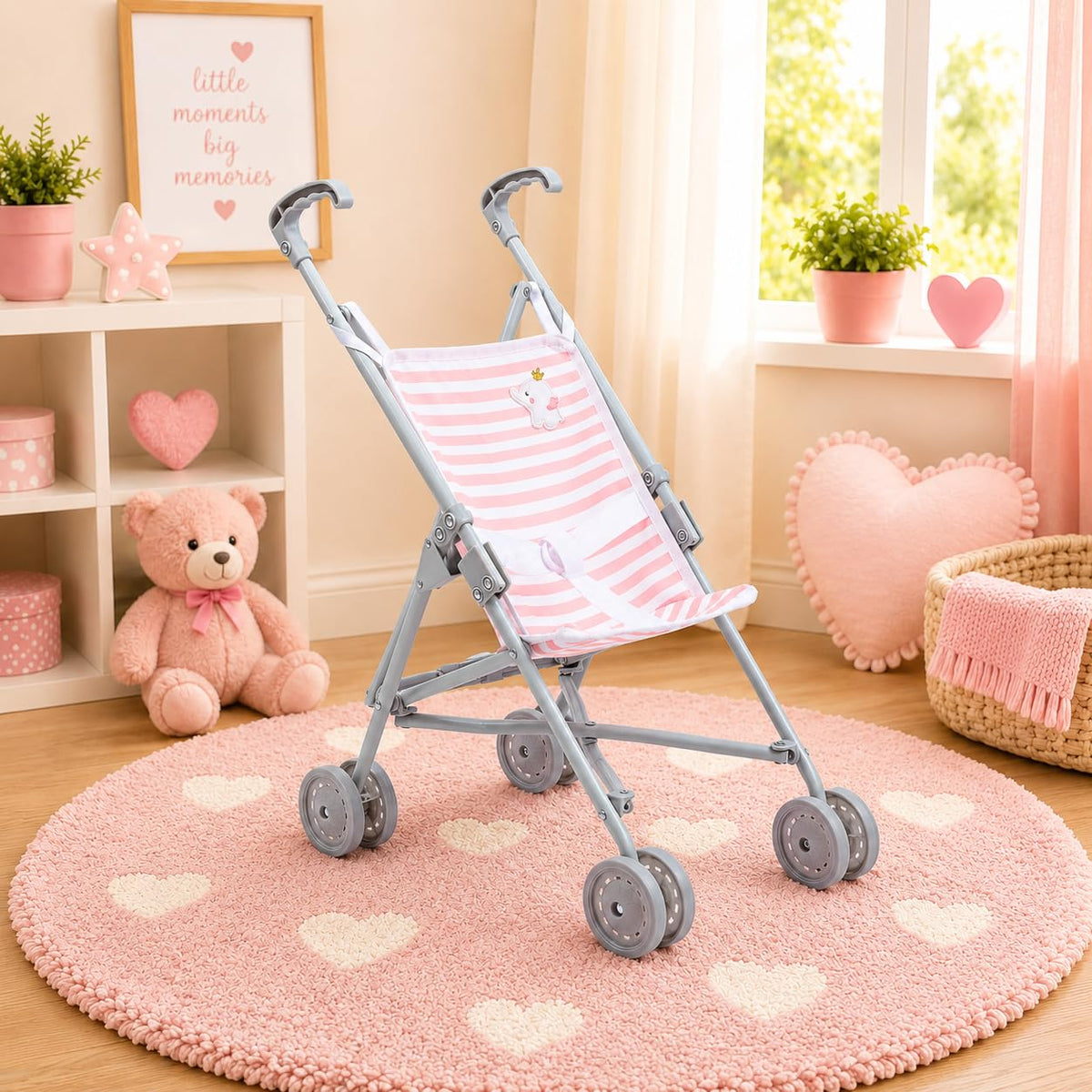 JC Toys Boutique | Folding Umbrella Doll Stroller for Children 2 Years Plus, Pink Stripes and Soft Embroidery | Sturdy Metal Frame | Pretend Play with