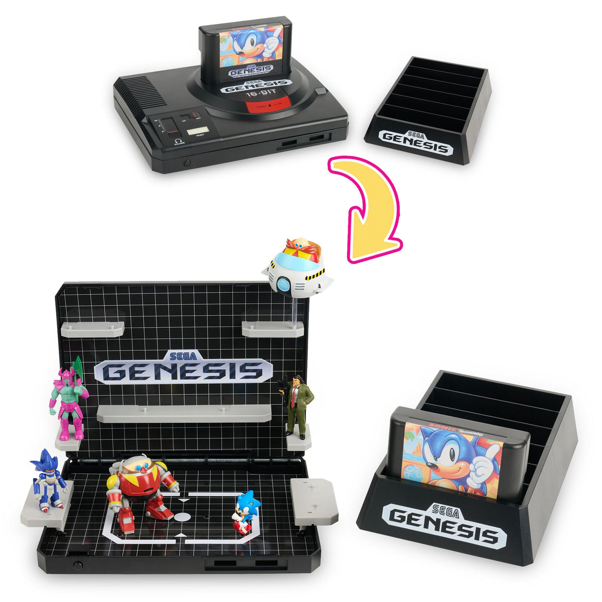 SEGA Genesis Display Console - Supervillain Boss Bundle with Sonic the Hedgehog 1 + Cartridge Storage Tray (Death Egg Robot, Mecha Sonic Mk II, Mr. X
