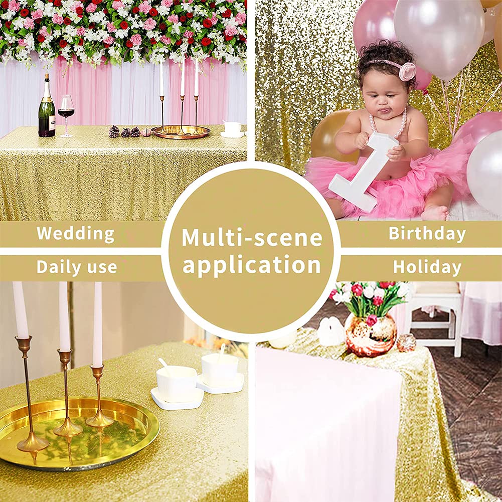 FYLEDAEE Light Gold Sequin 60X102 inch Rectangle Table Cloths for Parties, Glitter Large Overlay Table Cover Fitted 6 FT Cake Tables for Christmas