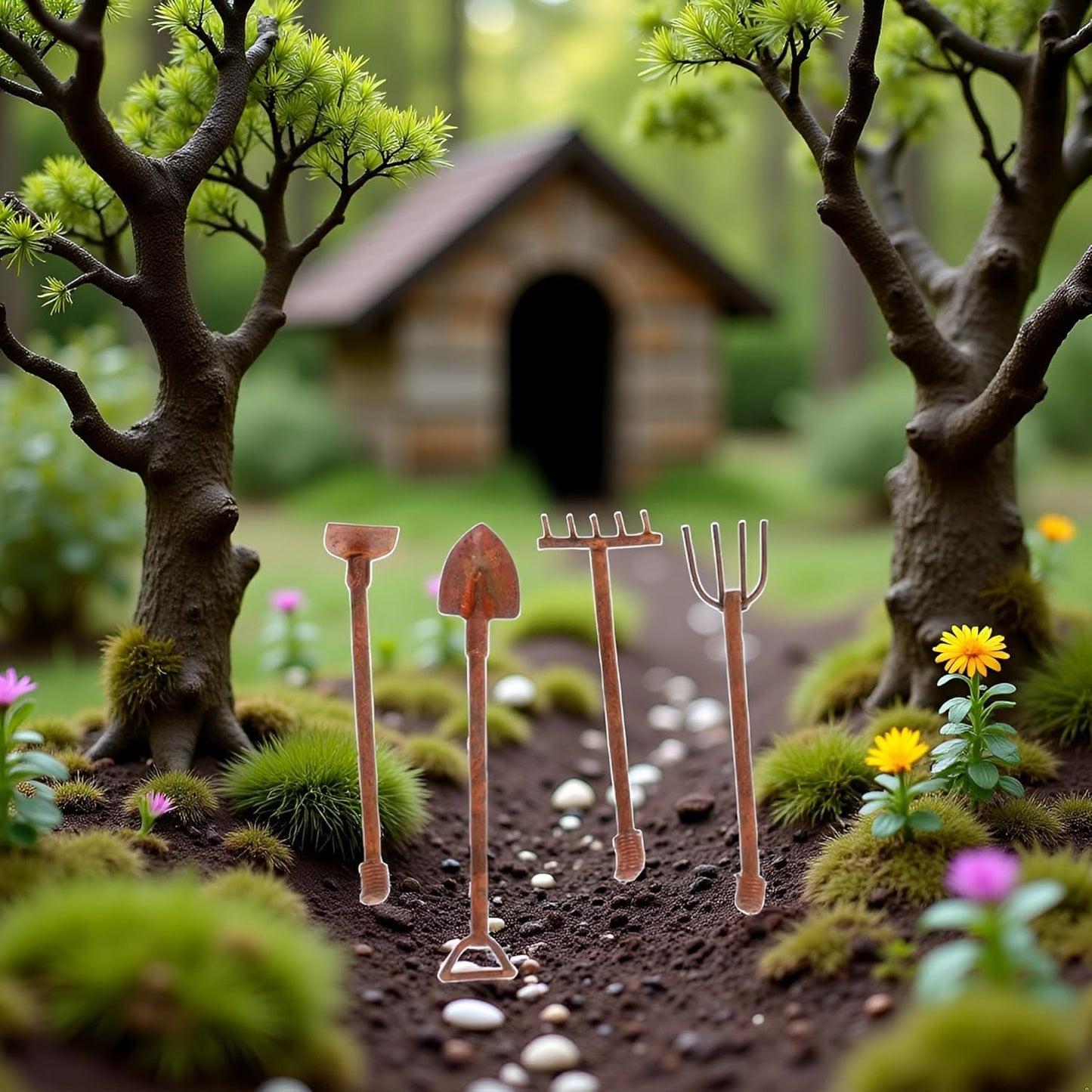 4 Pcs Miniature Dollhouse Garden Tools 1:12 Mini Rusty Shovel Hoe and Pitchfork Fairy Garden Accessories Furniture Ornaments Micro Landscape Decor