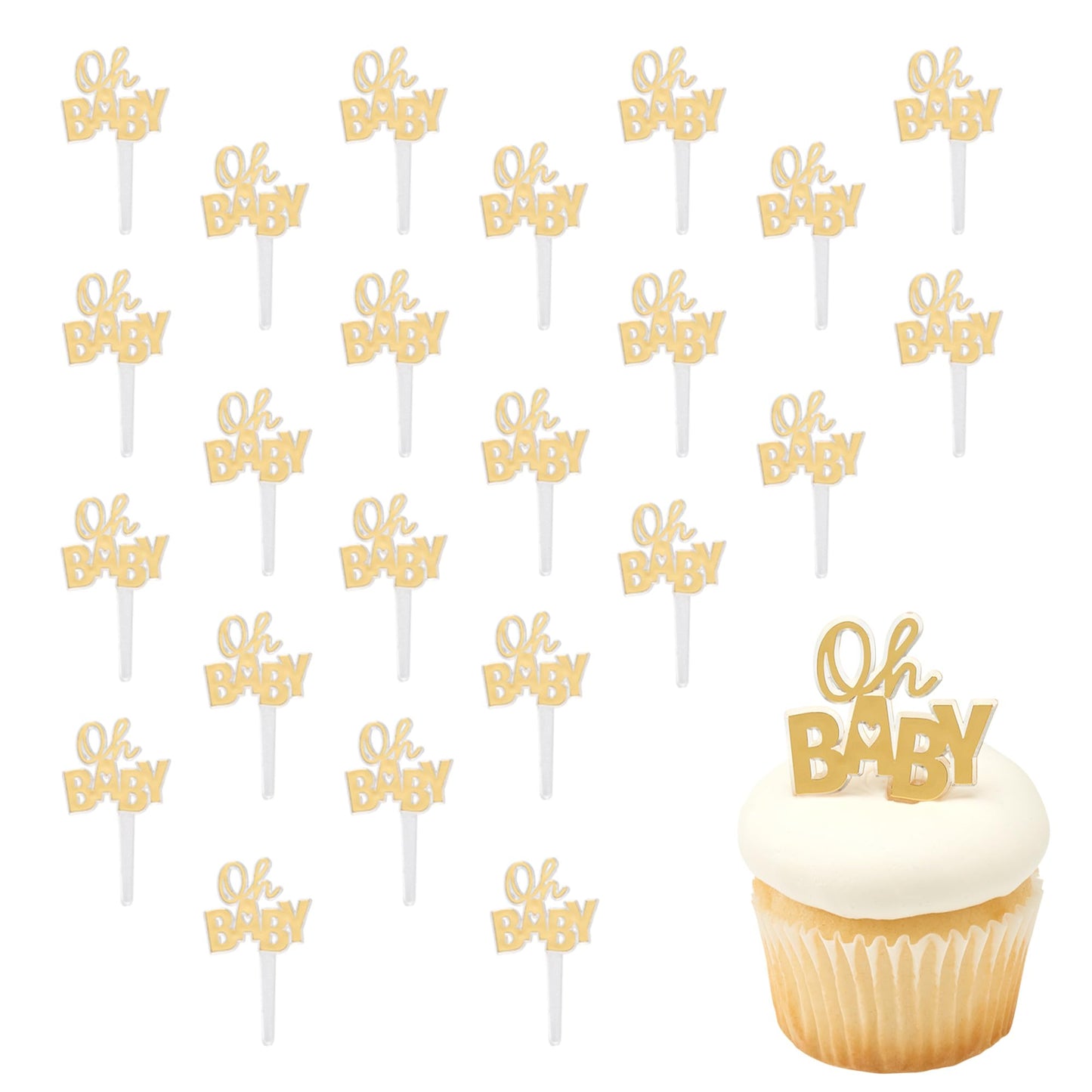 Oh Baby Cake Toppers, 24 Gold Cupcake Decorations, Cupcake Pics For Baby Shower, Birthday, Gender Reveal, Celebration - 24 Pack