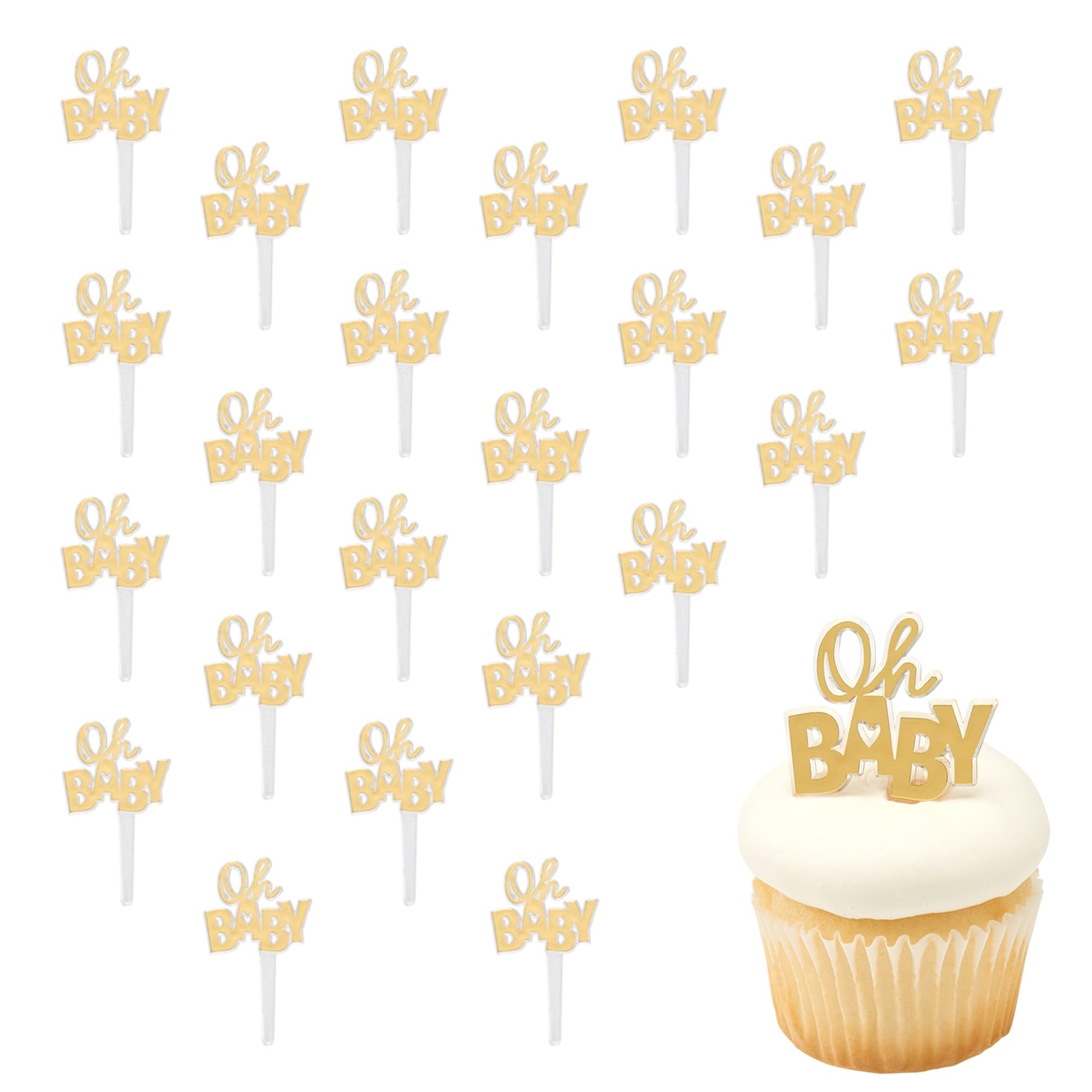 Oh Baby Cake Toppers, 24 Gold Cupcake Decorations, Cupcake Pics For Baby Shower, Birthday, Gender Reveal, Celebration - 24 Pack