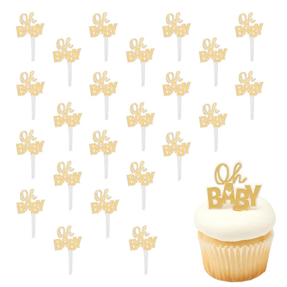 Oh Baby Cake Toppers, 24 Gold Cupcake Decorations, Cupcake Pics For Baby Shower, Birthday, Gender Reveal, Celebration - 24 Pack