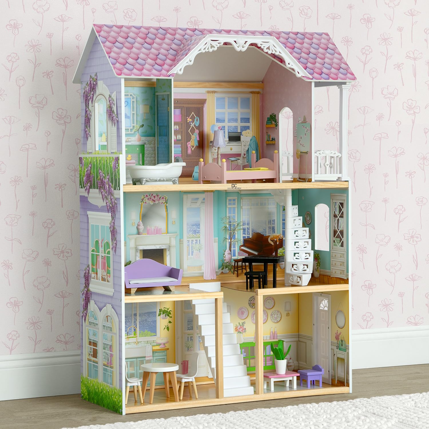 Delta Children MySize Dollhouse - Large 3-Story Dollhouse with 7 Rooms Includes 12 Accessories - Fits 12-inch Dolls - Pretend Play Dream Gift for Ages