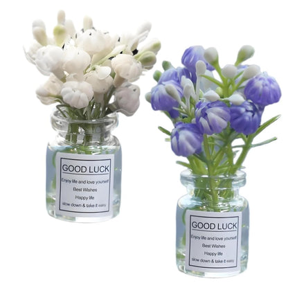2 Pieces Realistic Miniature Flower Vases with White and Blue Jasmine - Handmade 1:6/1:8 Scale Dollhouse Accessories, Fairy Garden Ornaments, DIY