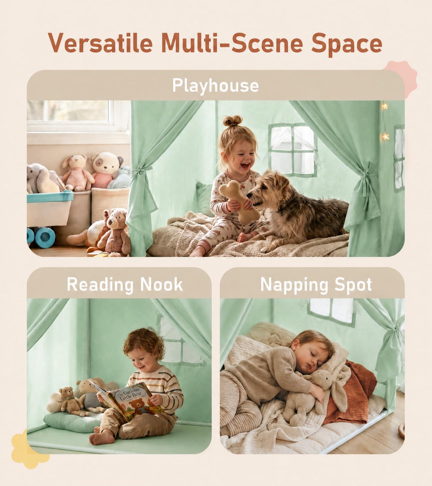 Little Dove Kids Play Tent with Star Lights & 2 Windows, Large Reading Nook & Playhouse for Indoor & Outdoor Use, Play Tent for Boys & Girls