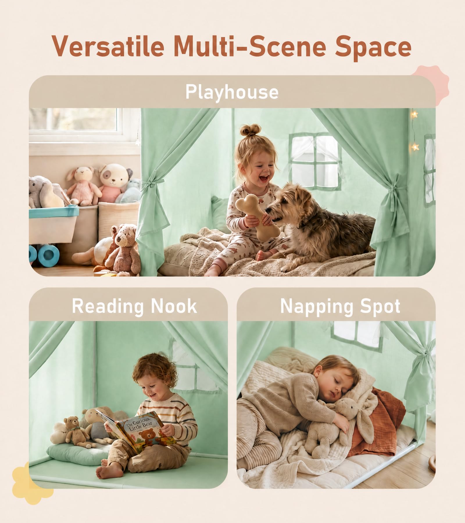 Little Dove Kids Play Tent with Star Lights & 2 Windows, Large Reading Nook & Playhouse for Indoor & Outdoor Use, Play Tent for Boys & Girls