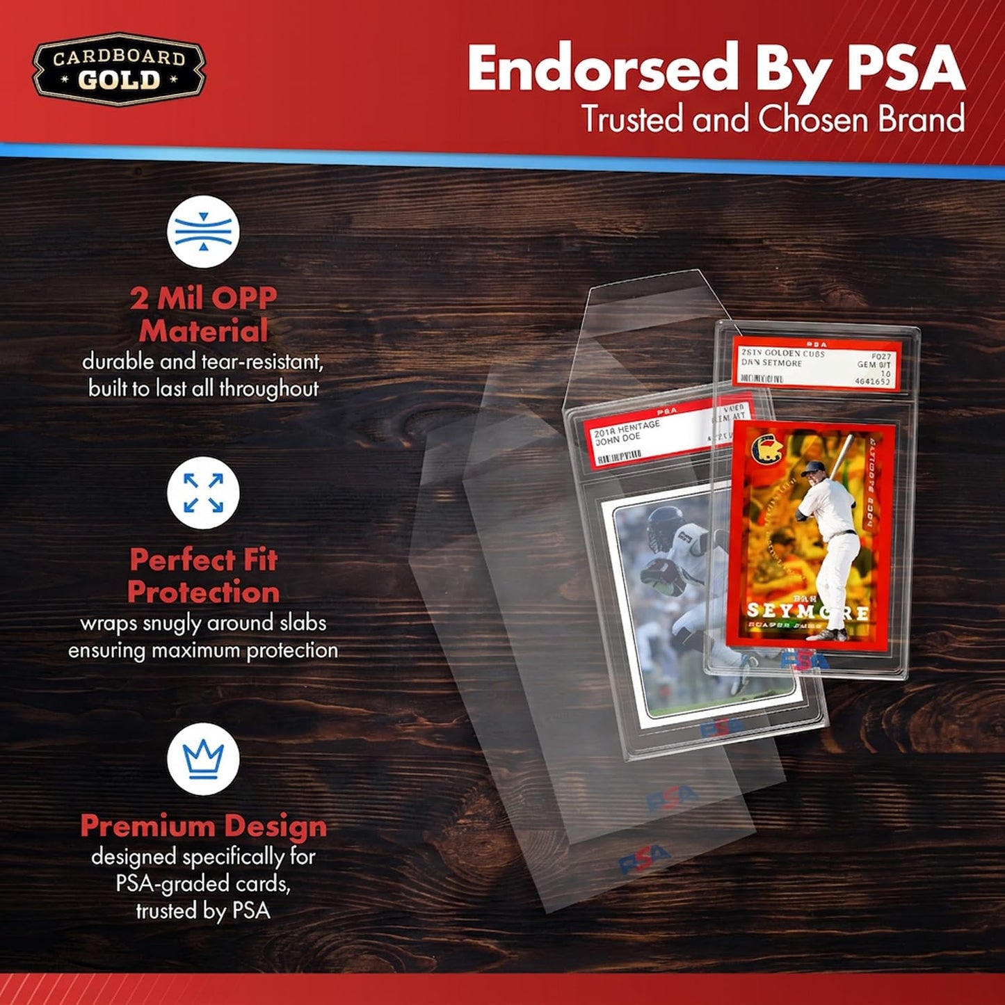 Cardboard Gold PSA Graded Card Sleeves - 50 Count with PSA Logo, Resealable Slabs Sleeve - Precise Fit Slab Protector for Grading Baseball Football