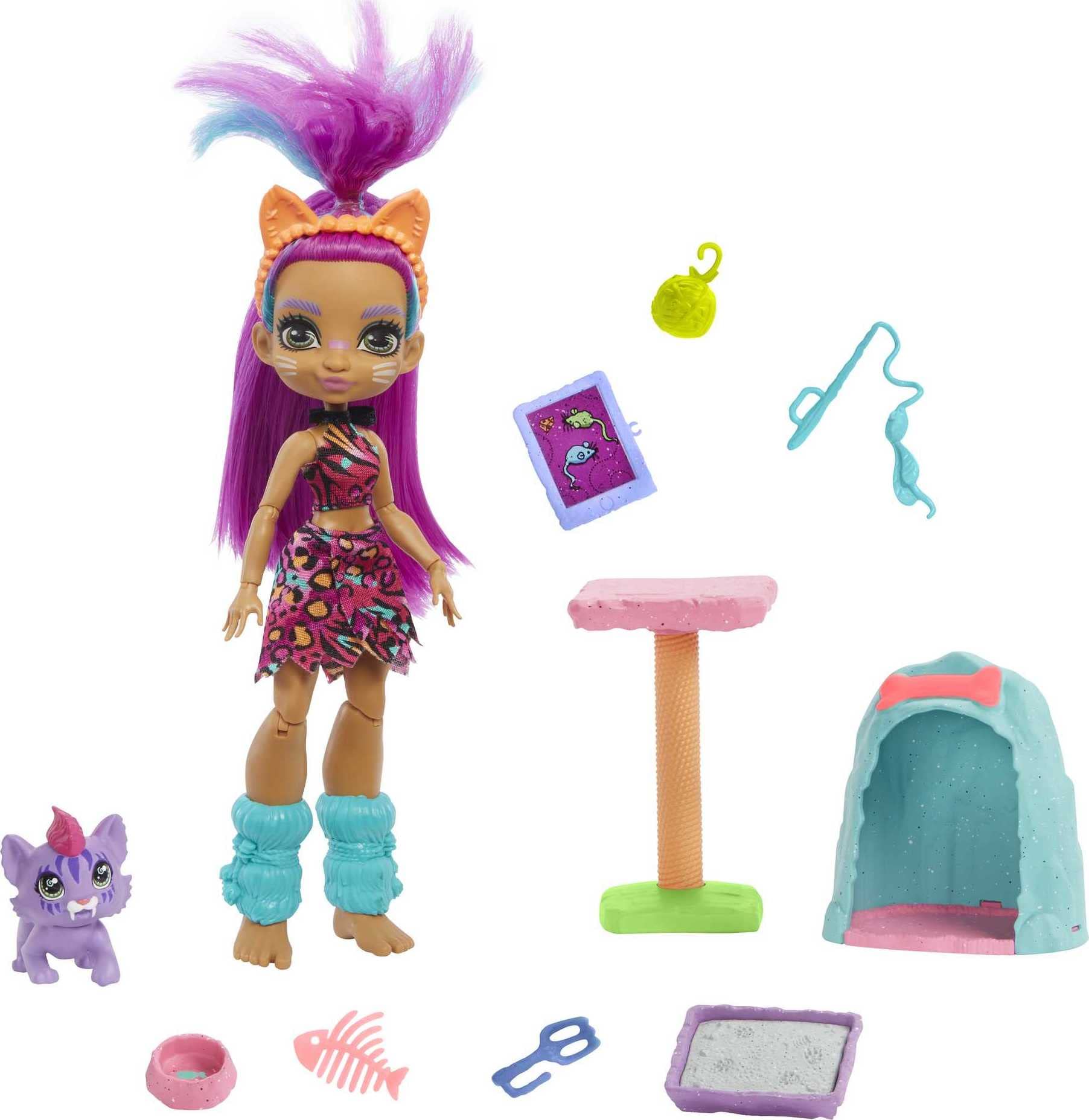 Cave Club Purr-FECT Pet Adventure Playset with Roaralai Doll (8 - 10-inch, Purple Hair), Pet, Cat Condo and Storytelling Pieces, Gift for 4 Year Olds