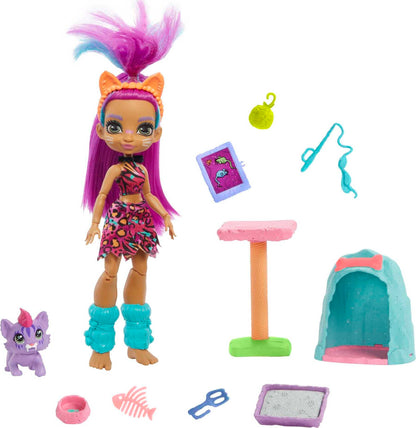 Cave Club Purr-FECT Pet Adventure Playset with Roaralai Doll (8 - 10-inch, Purple Hair), Pet, Cat Condo and Storytelling Pieces, Gift for 4 Year Olds