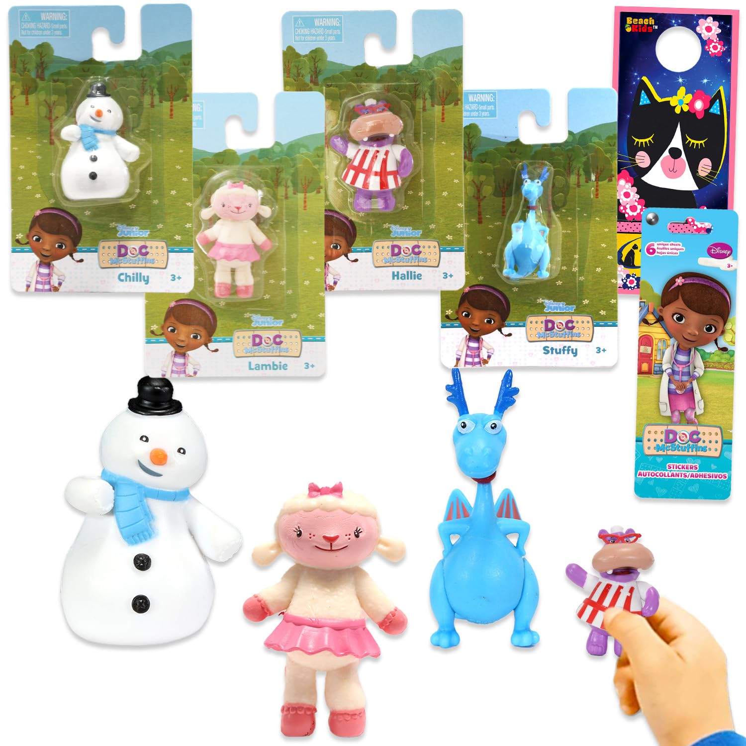 Disney Doc McStuffins Mini Figures - Toy Bundle with 4 Cupcake Topper Figurines Including Lambie, Stuffy, and More Plus Stickers | Doc McStuffins
